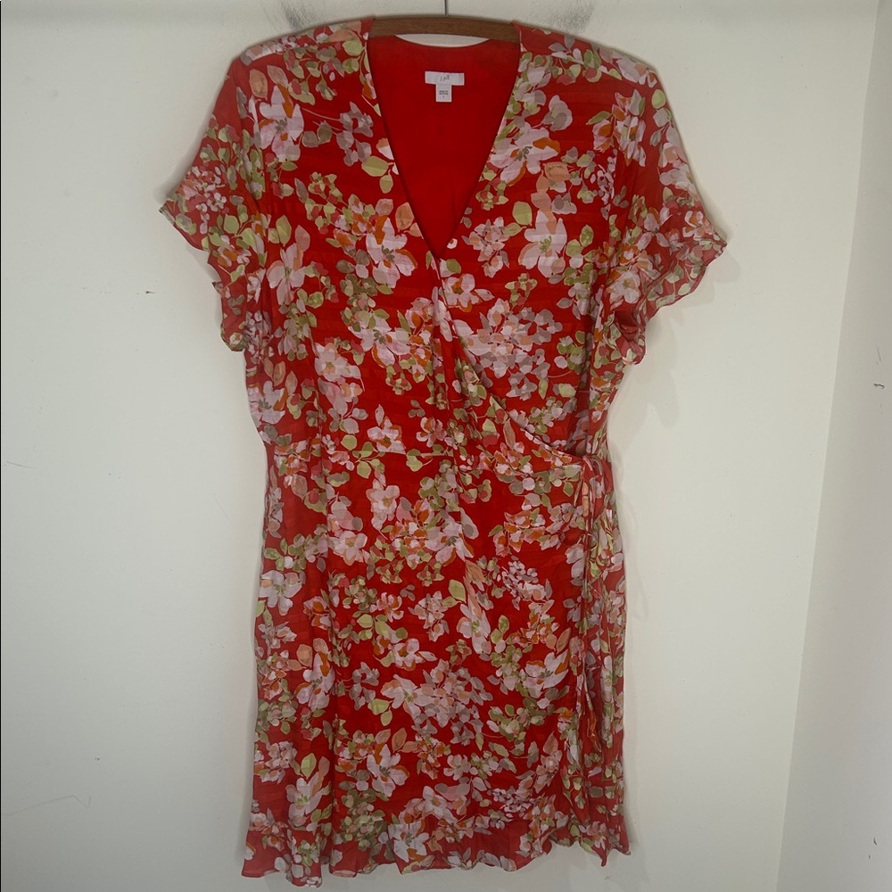 J. JILL Floral Short Sleeve True Wrap Dress in Papaya Red Rayon Size Large - Picture 3 of 16